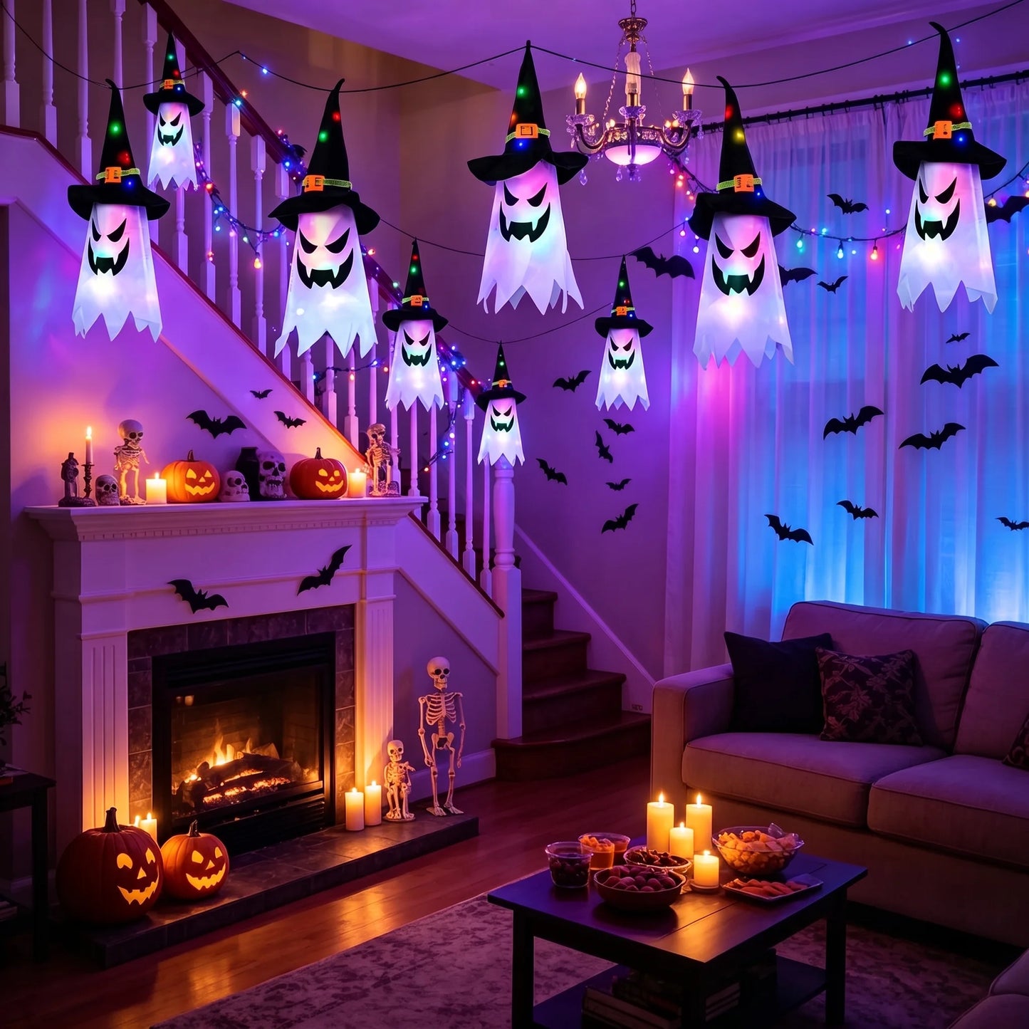 Halloween Decorations Indoor Outdoor, 5 Pcs Halloween Lights Glowing Ghost Witch Hat Ornaments Gifts for Home Garden Yard