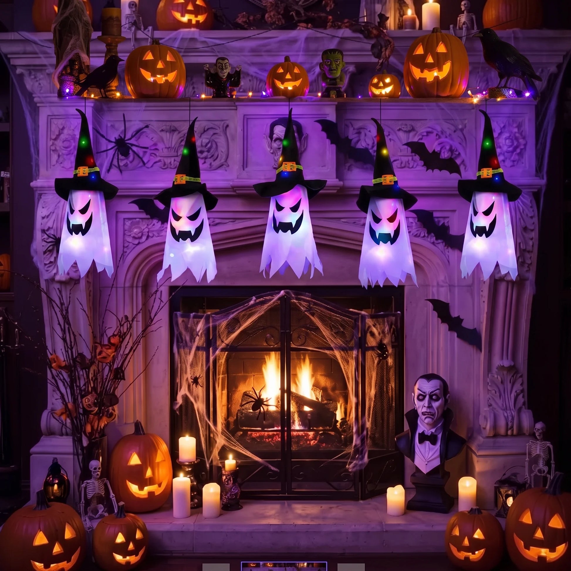 Halloween Decorations Indoor Outdoor, 5 Pcs Halloween Lights Glowing Ghost Witch Hat Ornaments Gifts for Home Garden Yard