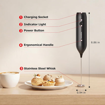 Rechargeable Milk Frother Handheld, Electric Drink Mixer with Stainless Steel Whisk, Charging USB-C, Portable Foam Maker for Coffee Matcha Lattes Cappuccino, Kitchen Gifts