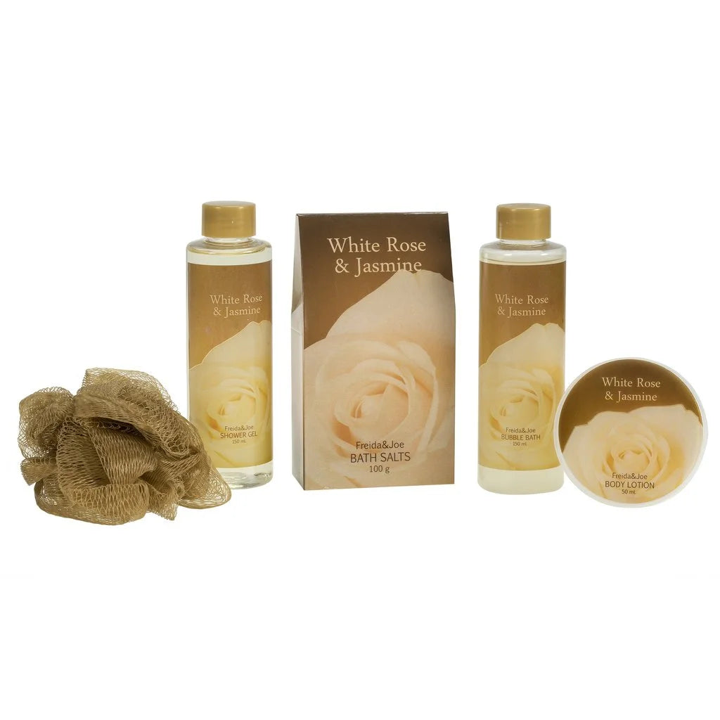 White Rose and Jasmine Bath and Body Gift Set in Decorative Tub, Luxury Spa Shower and Bath Gift for Women Valentines Gift