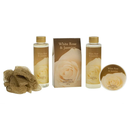White Rose and Jasmine Bath and Body Gift Set in Decorative Tub, Luxury Spa Shower and Bath Gift for Women Valentines Gift