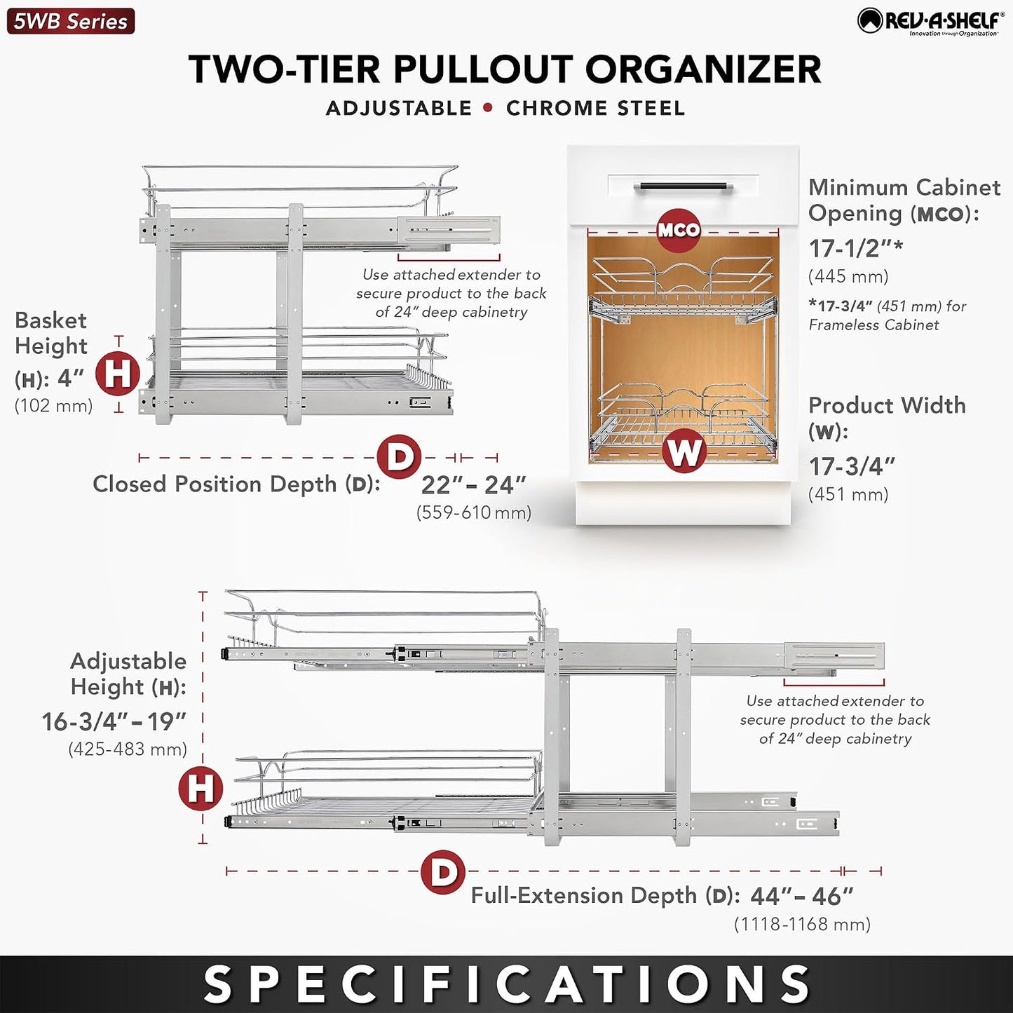 2-Tier Pullout Shelf and Drawer Organizer for Kitchen Cabinets, Slide Out Storage Basket, Min Opening Width of 17.5", 18" X 22", 5WB2-1822CR-1