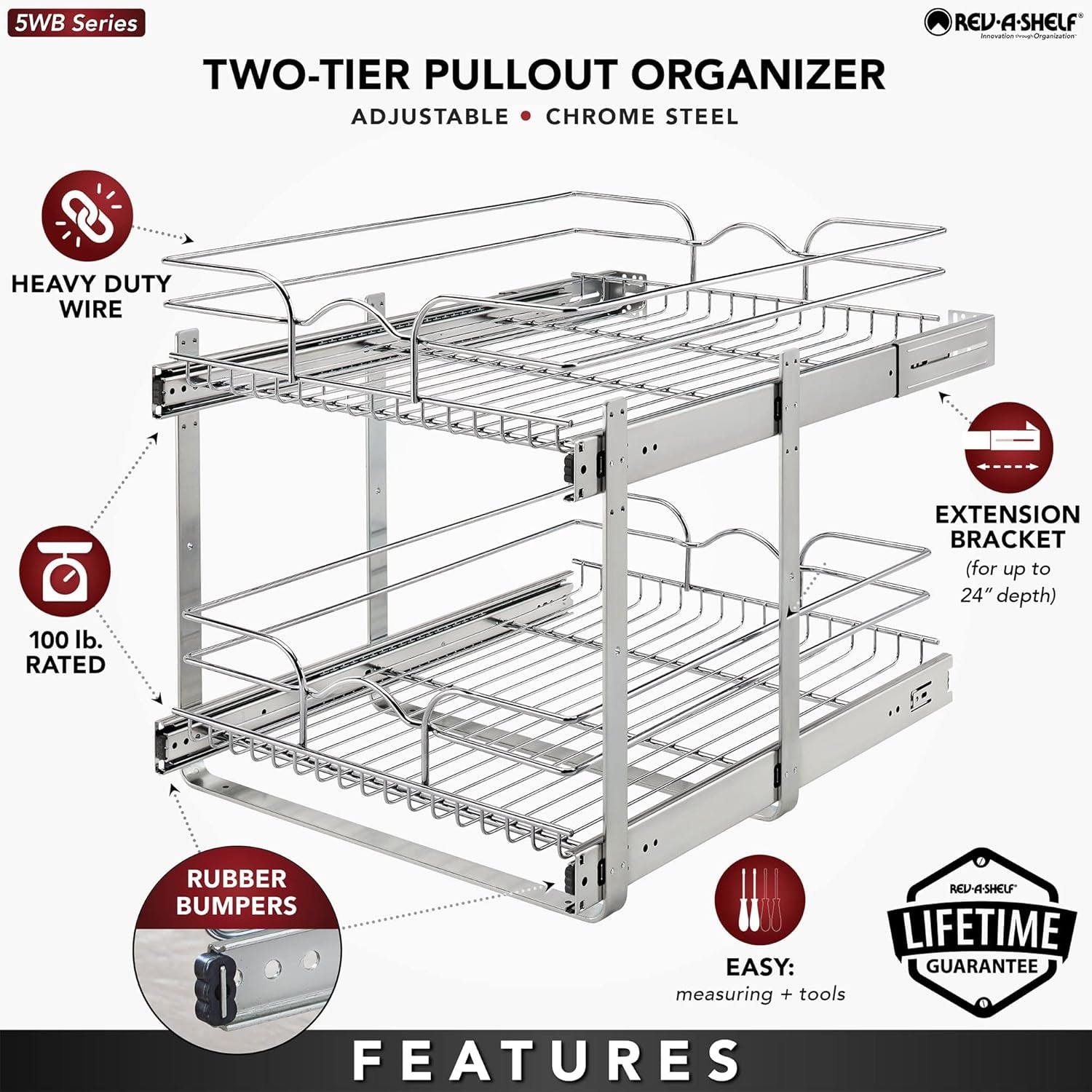 2-Tier Pullout Shelf and Drawer Organizer for Kitchen Cabinets, Slide Out Storage Basket, Min Opening Width of 17.5", 18" X 22", 5WB2-1822CR-1