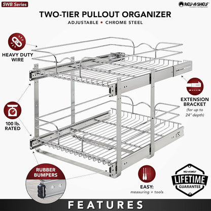 2-Tier Pullout Shelf and Drawer Organizer for Kitchen Cabinets, Slide Out Storage Basket, Min Opening Width of 17.5", 18" X 22", 5WB2-1822CR-1