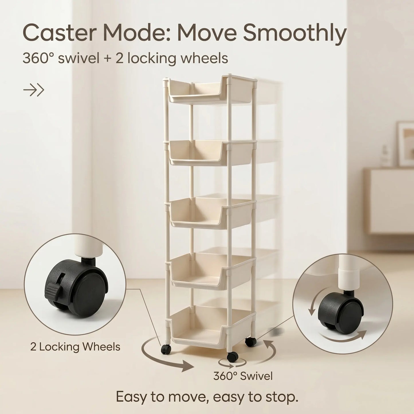 Rolling Storage Cart with Wheels, Multi-Layer Freestanding Shelf, Adjustable Space Saving Plastic Organizer for Bedroom Bathroom Kitchen Living Room, Portable Home Storage Unit, Easy Install, 2026 Semiannual Sale