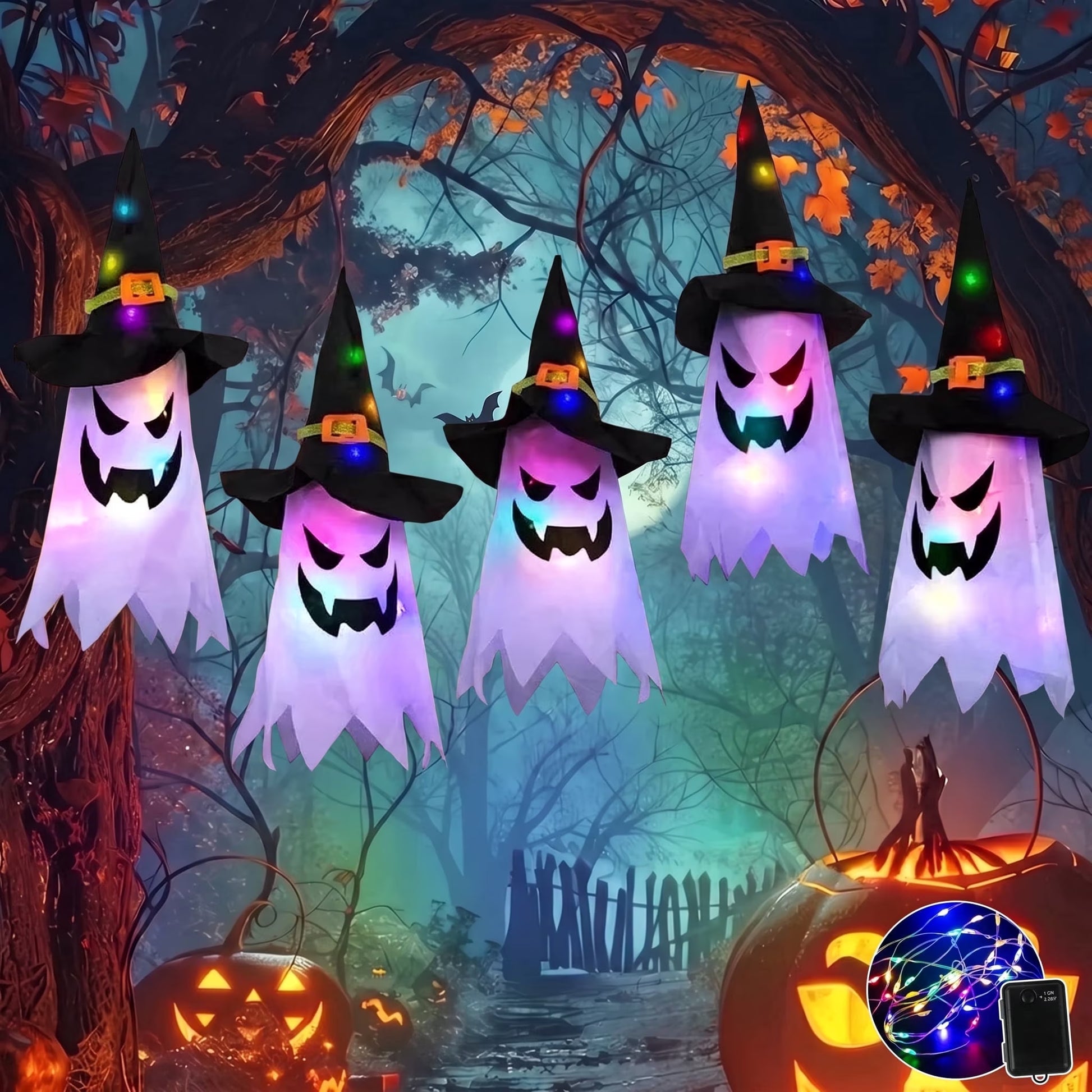 Halloween Decorations Indoor Outdoor, 5 Pcs Halloween Lights Glowing Ghost Witch Hat Ornaments Gifts for Home Garden Yard