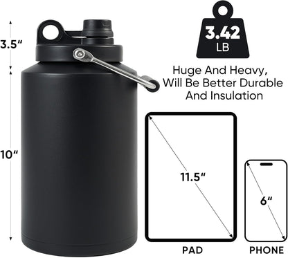 Insulated Gallon Jug with Handle, One Gallon, 128Oz Stainless Steel, Large Double Vacuum Water Bottle for Hot & Cold Drinks, Wide Mouth, Sweat Proof, Great for Travel, Camping, Black