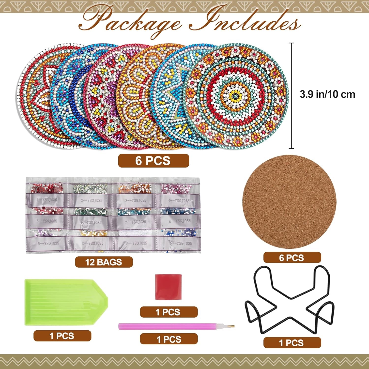 6 Pcs Diamond Painting Coasters with Holder, Mandala Diamond Art Coasters Kits for Beginners, Adults Small Diamond Painting Kit Art Craft Supplies