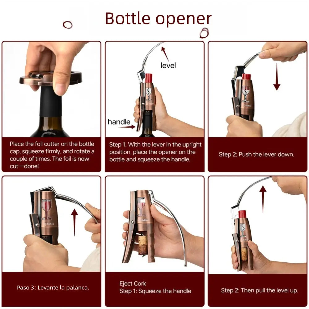 Premium Lever Bottle Opener with Foil Cutter, Easy-To-Use Stainless Steel Kitchen Tool, Vertical Lever Design, Durable Metal Construction, Comfortable Grip, Compact Storage, Household Gadget, Practical Gift Idea, Everyday Kitchen Accessory