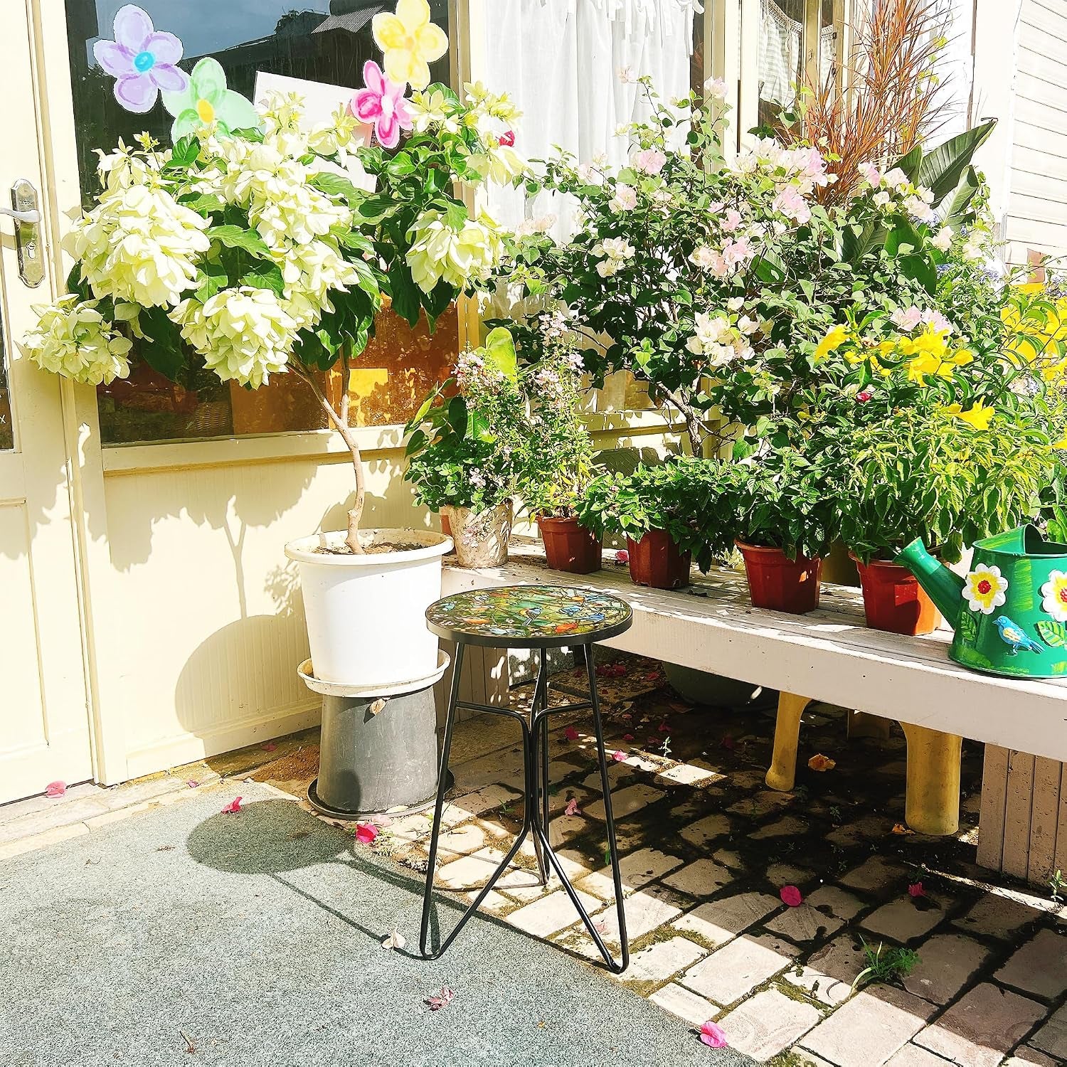 Mosaic Birds Outdoor Side Tea Table, Glass Plant Tables Indoor Decorative Metal Patio Table, Outdoor Tables Unique Furniture - Weather-Resistant Patio Valentine'S Day Decor