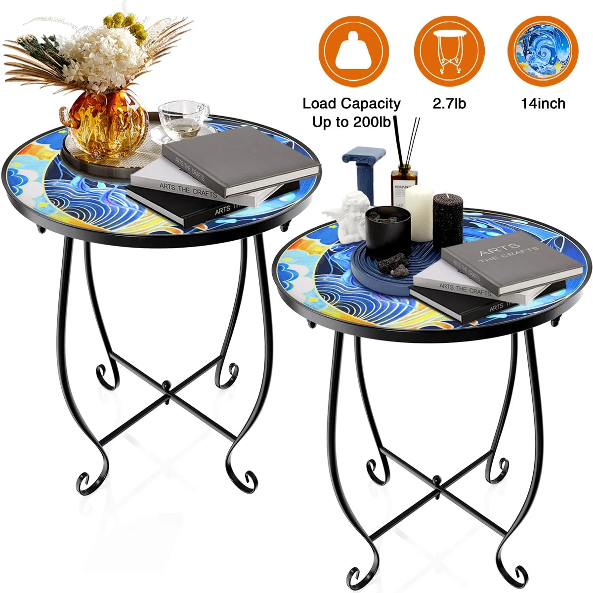 2 Pack Outdoor Mosaic Side Table, 17 Inch High Small Patio Outdoor Table, Indoor Folding round Side Table for Bistro Balcony Garden