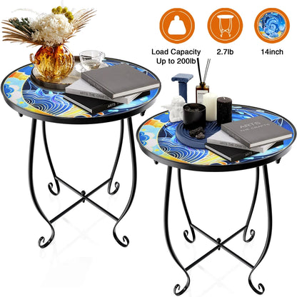 2 Pack Outdoor Mosaic Side Table, 17 Inch High Small Patio Outdoor Table, Indoor Folding round Side Table for Bistro Balcony Garden