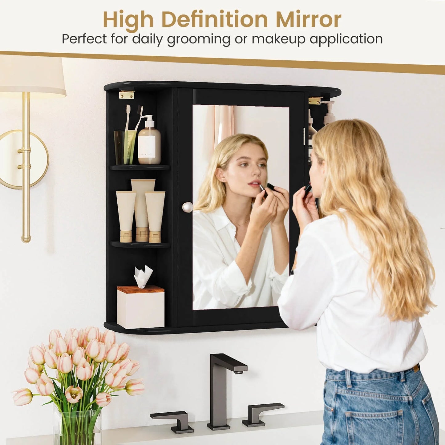 Multipurpose Mount Wall Surface Bathroom Storage Cabinet Mirror Black