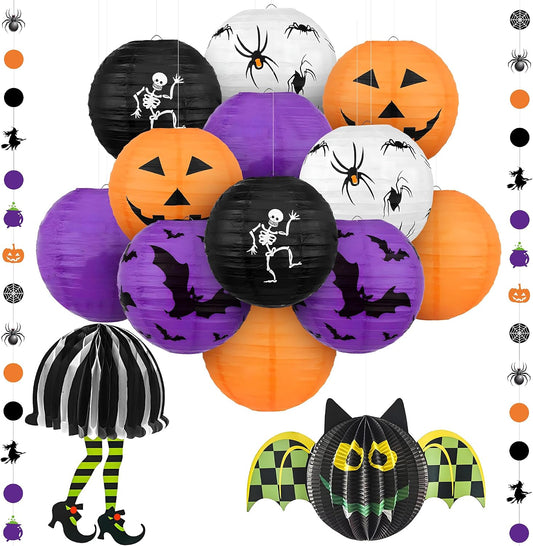 Halloween Hanging Paper Lanterns Set, Pack of 15 | Halloween Paper Lanterns, Halloween Honeycomb Decorations for Halloween Decorations