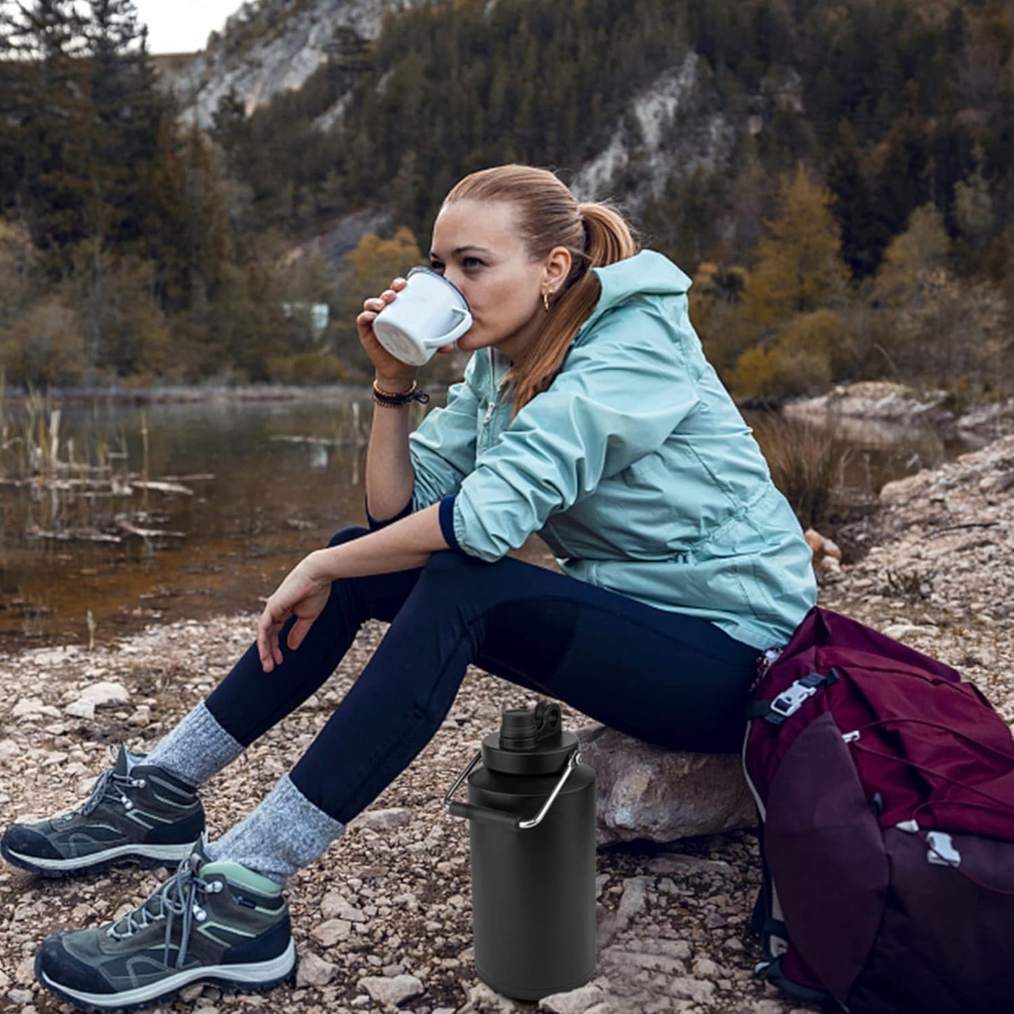 Insulated Gallon Jug with Handle, One Gallon, 128Oz Stainless Steel, Large Double Vacuum Water Bottle for Hot & Cold Drinks, Wide Mouth, Sweat Proof, Great for Travel, Camping, Black