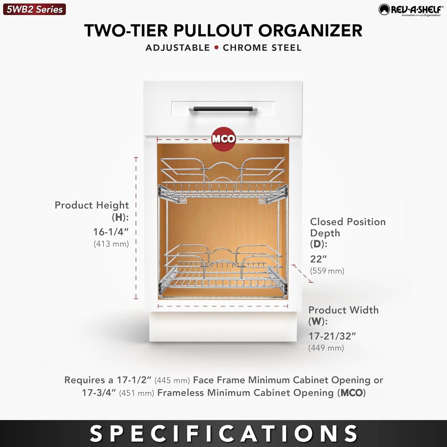 2-Tier Pullout Shelf and Drawer Organizer for Kitchen Cabinets, Slide Out Storage Basket, Min Opening Width of 17.5", 18" X 22", 5WB2-1822CR-1