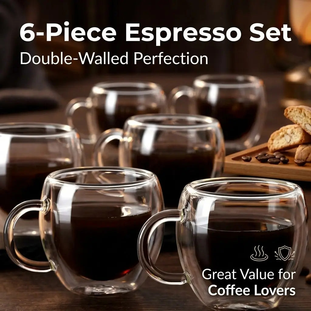 6-Piece Espresso Set, Double-Walled Design, Coffee Glass Cup, Perfect for Coffee Lovers, Great Value, Ideal for Daily Use, Enhance Your Brewing Experience, Glass Espresso Cups