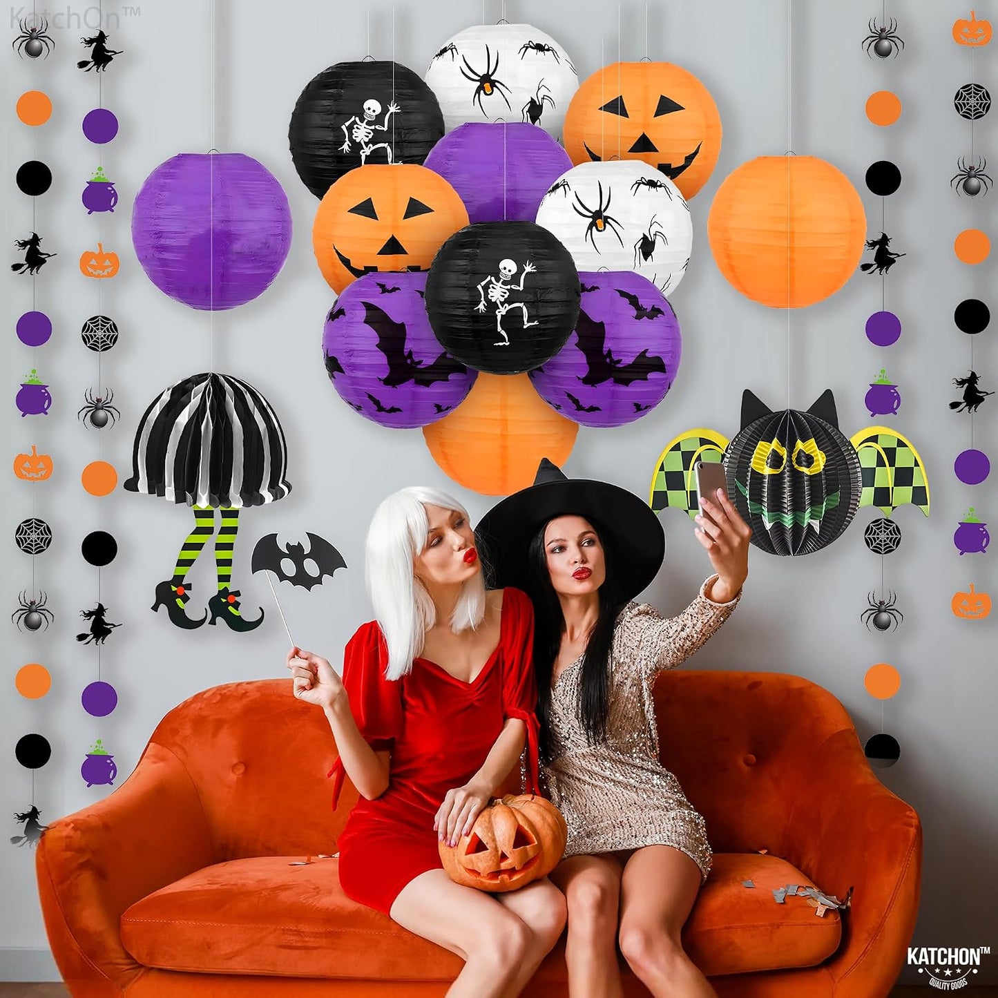 Halloween Hanging Paper Lanterns Set, Pack of 15 | Halloween Paper Lanterns, Halloween Honeycomb Decorations for Halloween Decorations