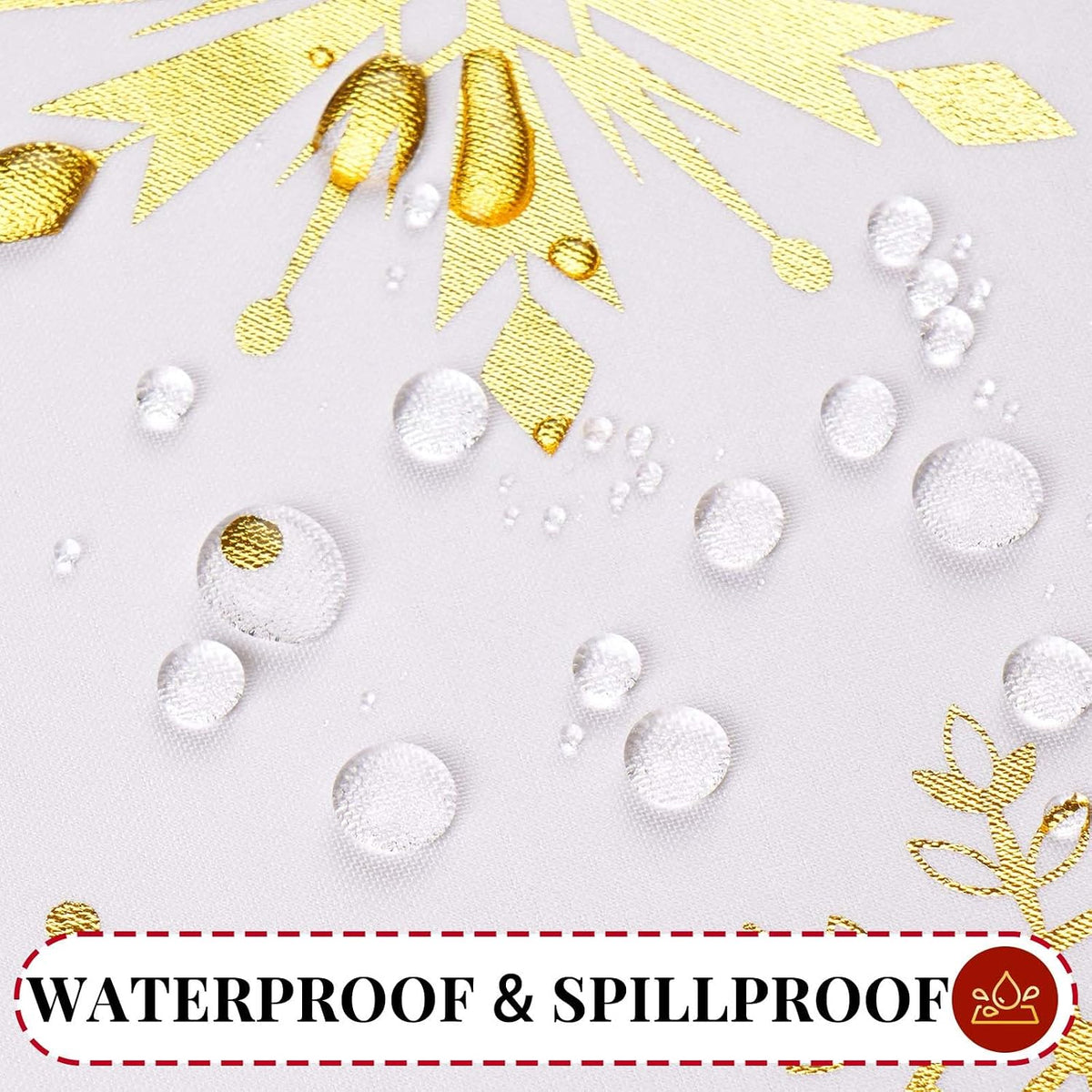 Christmas Tablecloth round 60 Inch, Gold Foil Print Snowflake Table Cloth Washable, Waterproof Wrinkle Resistant White Table Cover for Party Dinner Decorations, Gifts