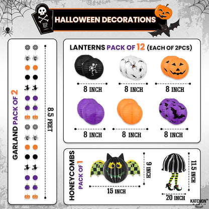 Halloween Hanging Paper Lanterns Set, Pack of 15 | Halloween Paper Lanterns, Halloween Honeycomb Decorations for Halloween Decorations