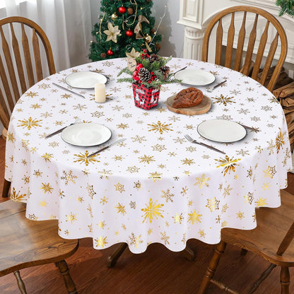 Christmas Tablecloth round 60 Inch, Gold Foil Print Snowflake Table Cloth Washable, Waterproof Wrinkle Resistant White Table Cover for Party Dinner Decorations, Gifts