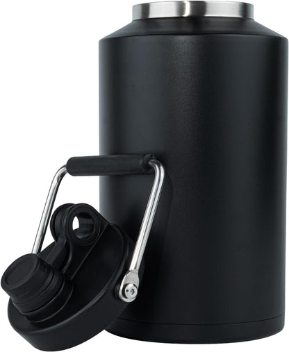 Insulated Gallon Jug with Handle, One Gallon, 128Oz Stainless Steel, Large Double Vacuum Water Bottle for Hot & Cold Drinks, Wide Mouth, Sweat Proof, Great for Travel, Camping, Black