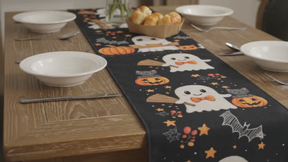 Cute Ghost & Pumpkin Halloween Table Runner | Spooky Fall Dining Decor