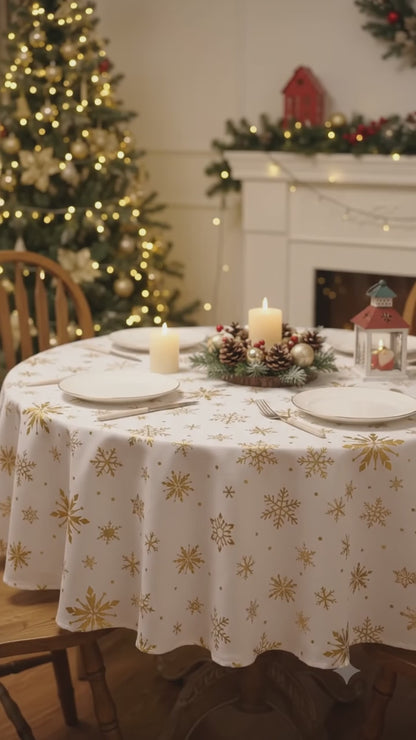 Christmas Tablecloth round 60 Inch, Gold Foil Print Snowflake