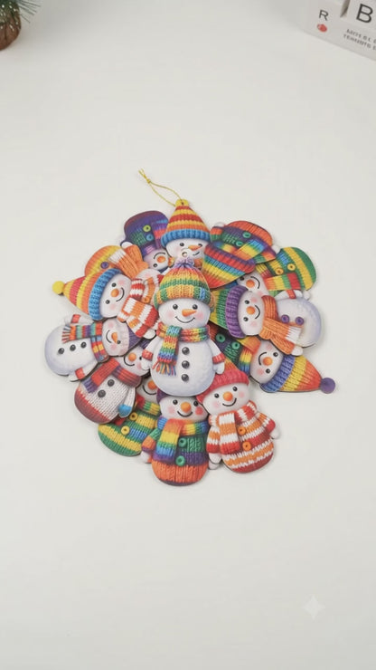 Mini Wooden Snowman Christmas Tree Ornaments – Flat Colorful Knit-Look Holiday Hanging Pendant Decorations
