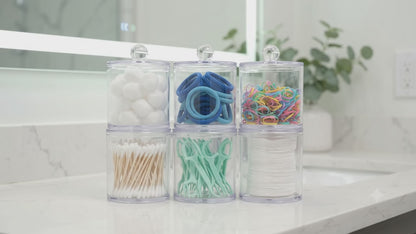 6-Pack Clear Plastic Apothecary Jars Set – Bathroom Organizer Canisters with Lids & Labels (10 oz & 12 oz)