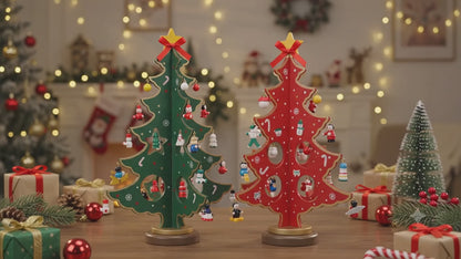 Hand-Painted Wooden Tabletop Christmas Tree Set with Miniature Hanging Ornaments