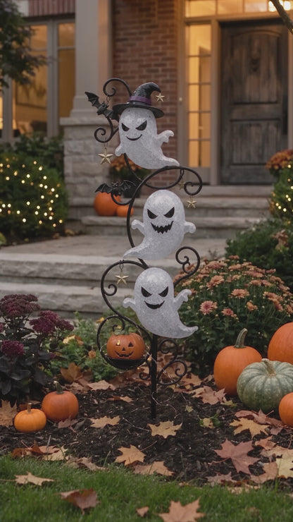 Lighted 3-Tier Ghost Halloween Garden Stake — 17.7" Wrought Iron Yard Light with Witch Hat, Bats & Mini Pumpkin