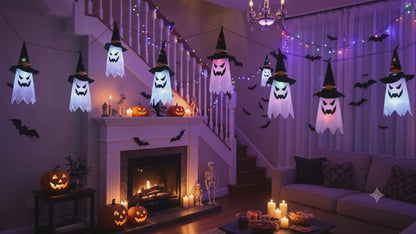 LED Light-Up Halloween Ghost String Lights with Witch Hats (9.8 ft)