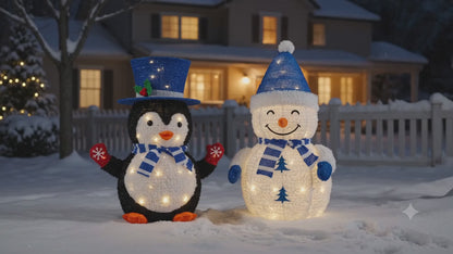 2-Piece Pre-Lit Snowman & Penguin Holiday Yard Decor | All-Weather Lighted Christmas Statues