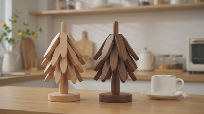 Wooden Tree Trivet & Coaster Set | Foldable Heat-Resistant Wooden Hot Pads